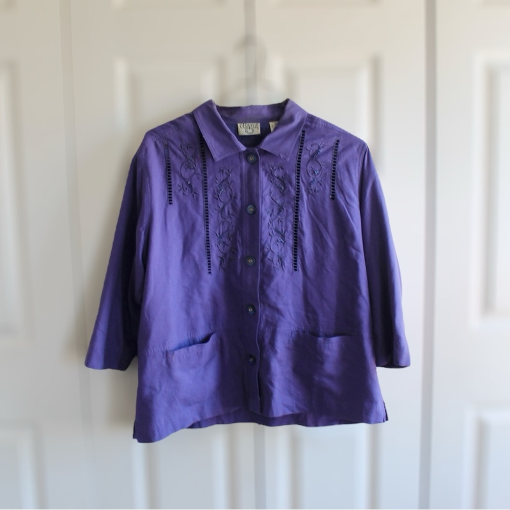 Vintage Cervelle Women's Purple Embroidered Silk Button Down Blouse